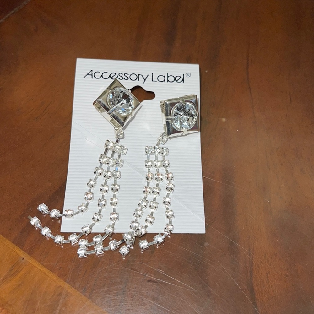 Accessory Label Silver Rhinestone Drop Earrings NWT